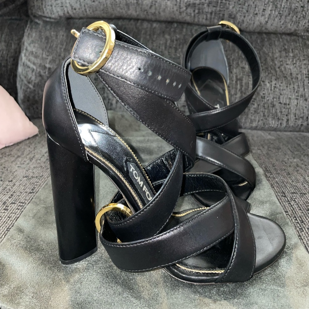 Black leather Tom Ford chunky heels with unique gold loops (stamped with TF)